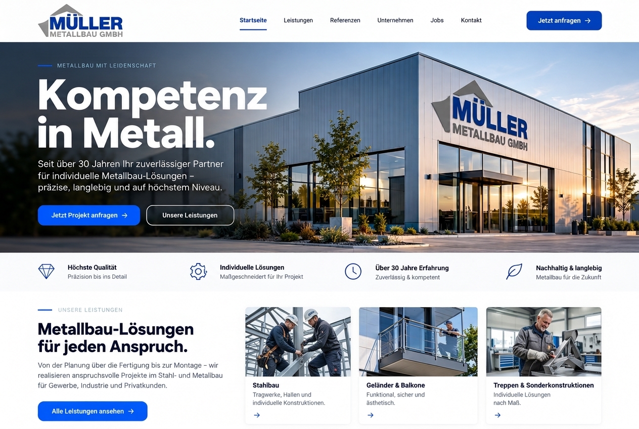 Nachher: moderne Website mit Fachkräften bei der Arbeit, klarer Navigation und deutlichen Anfrage-Buttons